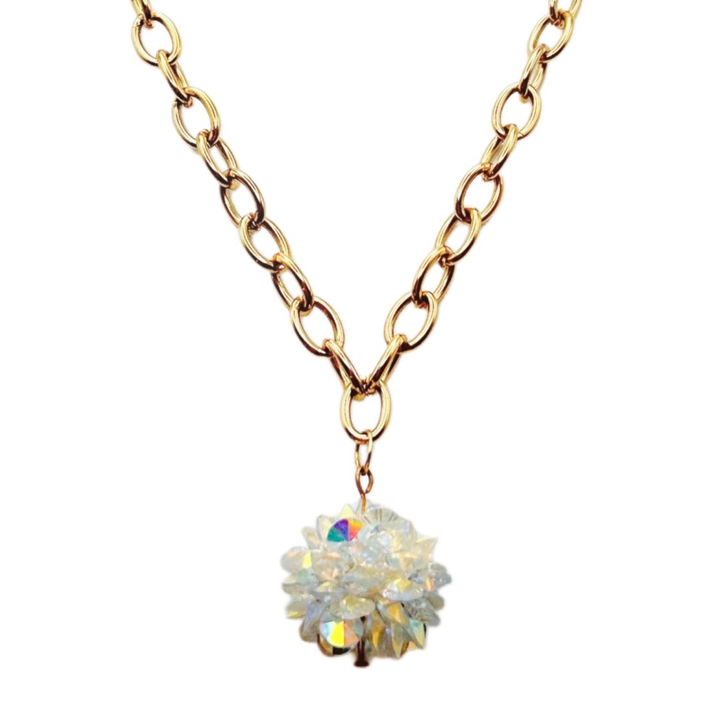 Vintage 1950s Aurora Borealis Crystal Cluster Chunky Gold Tone Chain Necklace